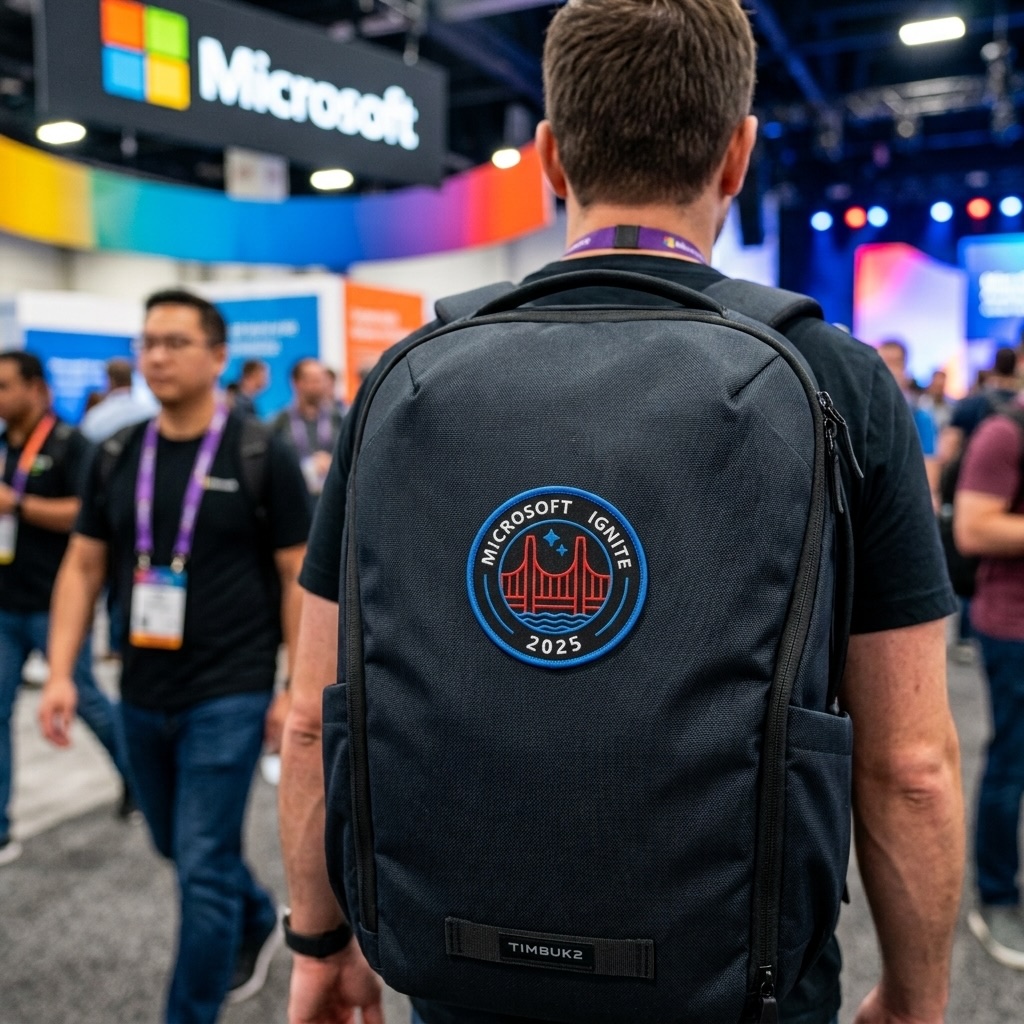 Round Microsoft Ignite 2025 patch with a red bridge on the back of a navy backpack on the conference floor.