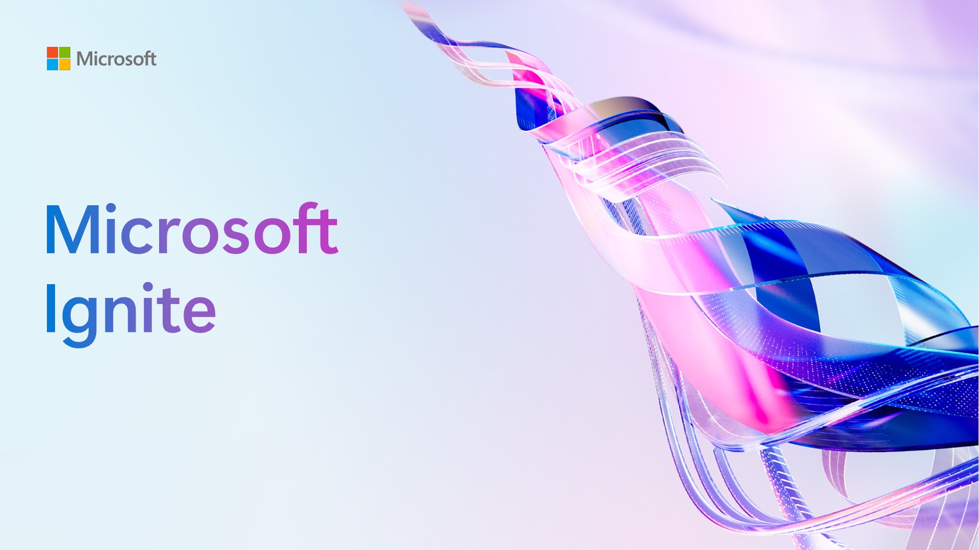 Microsoft Ignite title slide with a flowing blue and pink ribbon on a pale background.