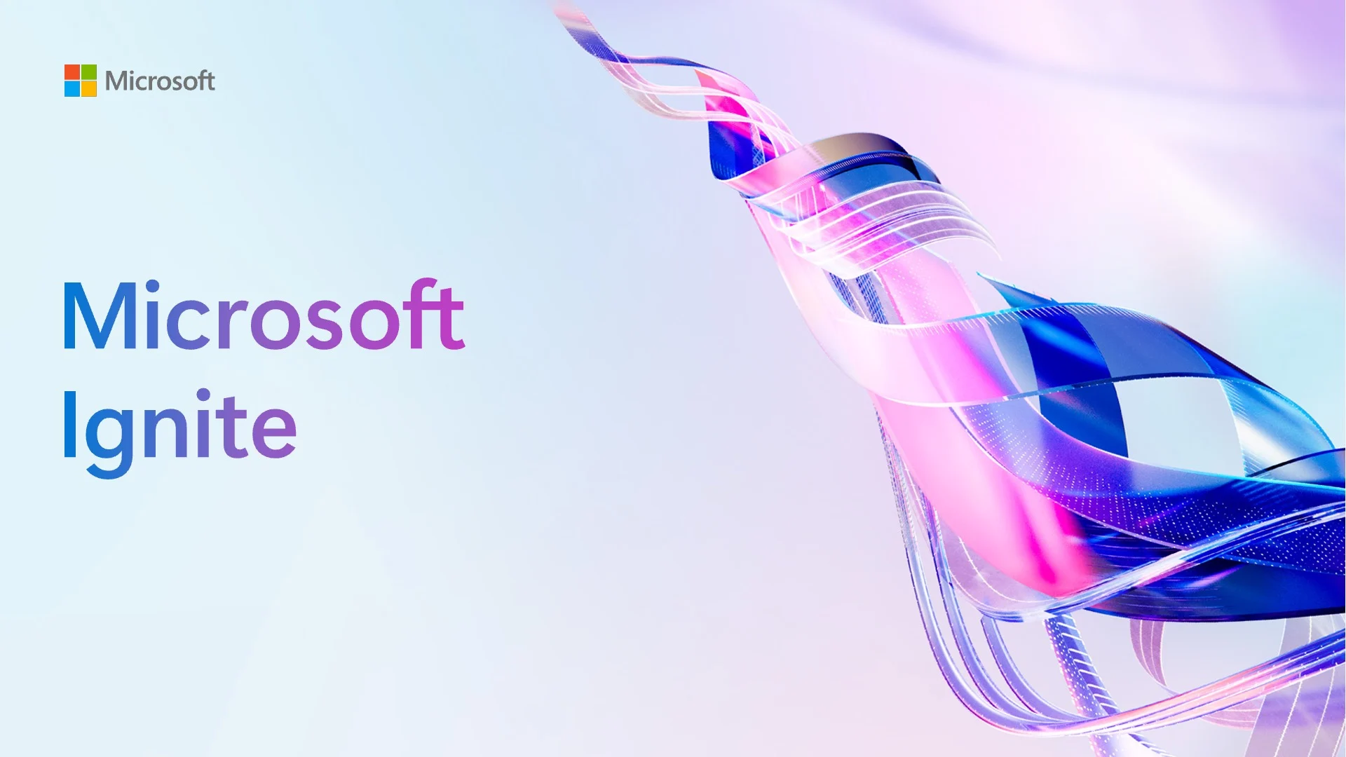 Microsoft Ignite title slide with a flowing blue and pink ribbon on a pale background.
