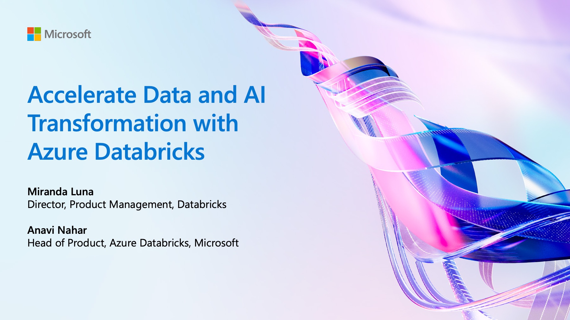 Session title slide, Accelerate Data and AI Transformation with Azure Databricks, with two speakers.
