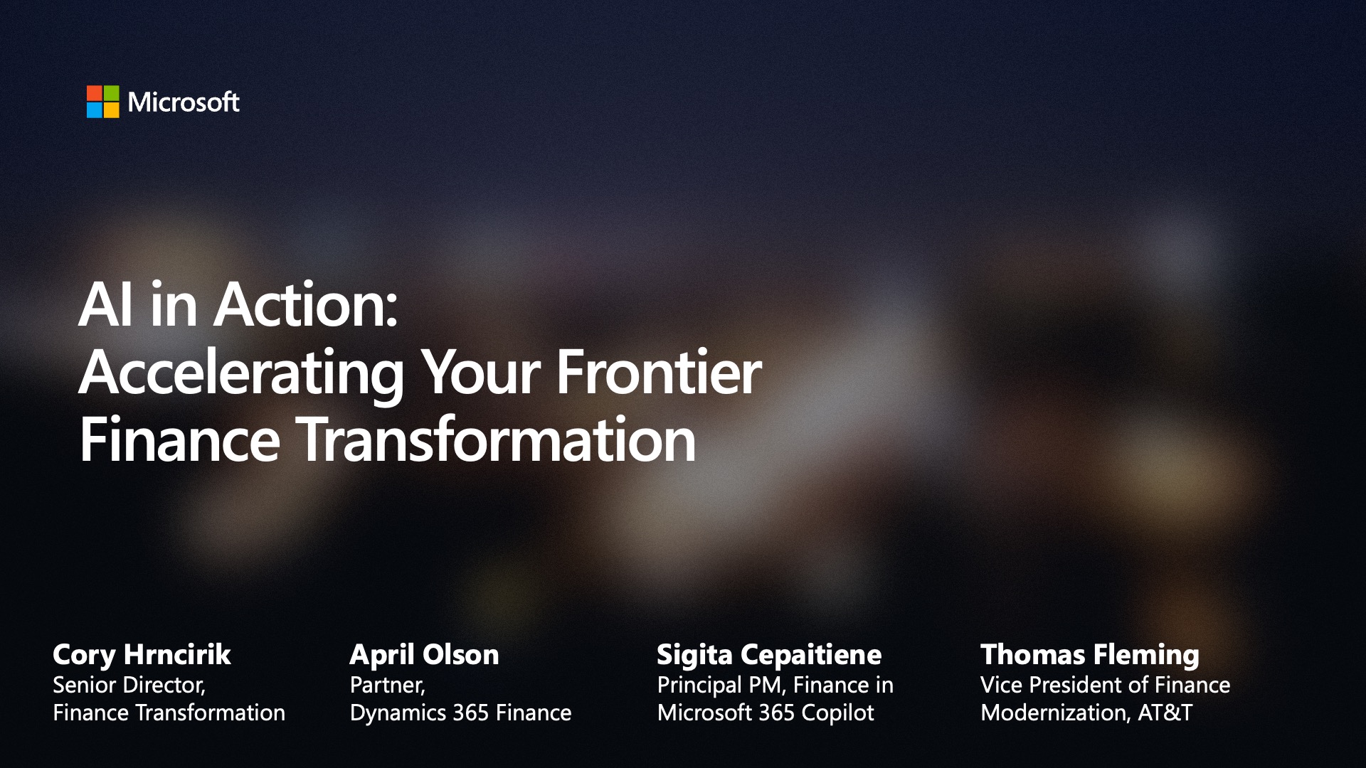 Dark title slide, AI in Action: Accelerating Your Frontier Finance Transformation, with four speakers.