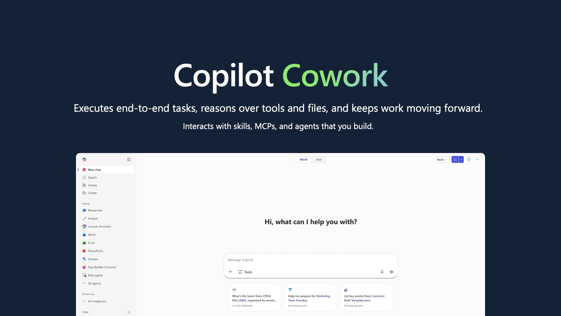 Copilot Cowork slide with a product screenshot on a dark background.