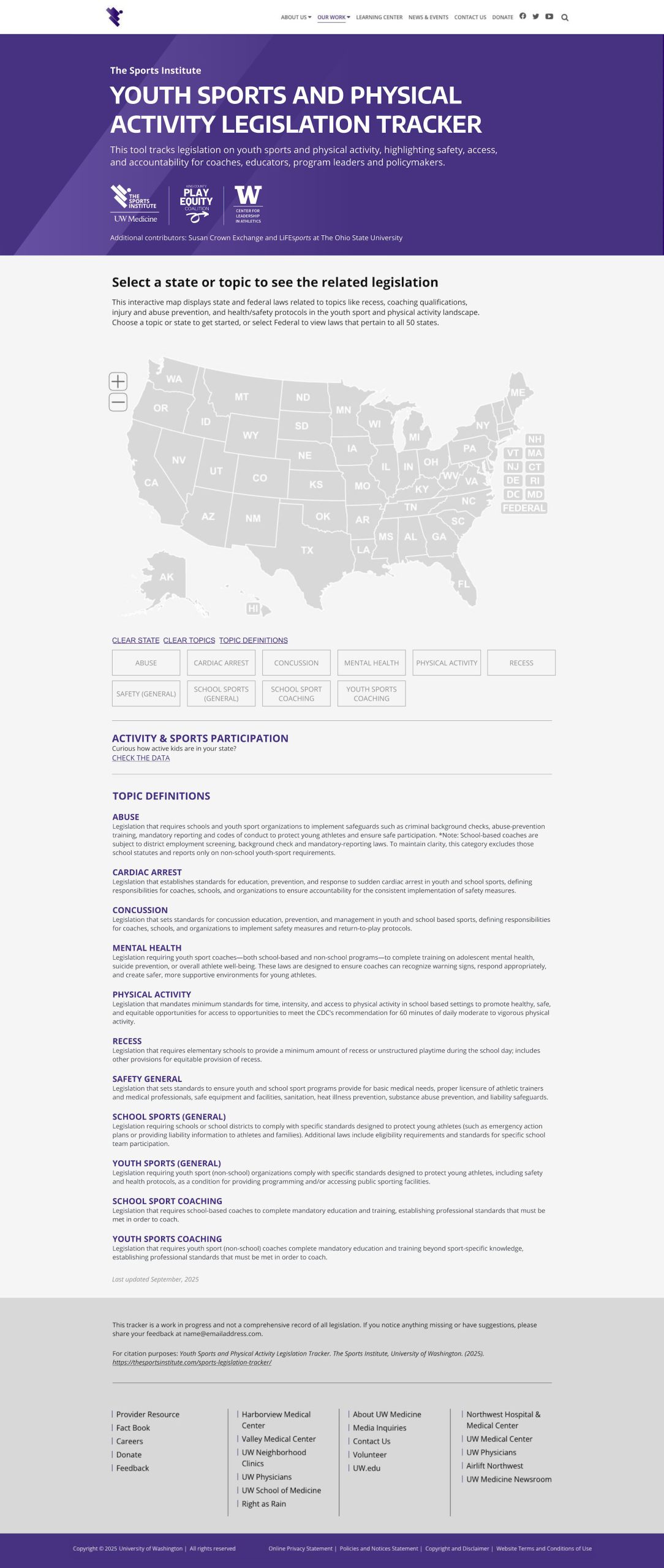 Sports legislation tracker landing page, full-page view