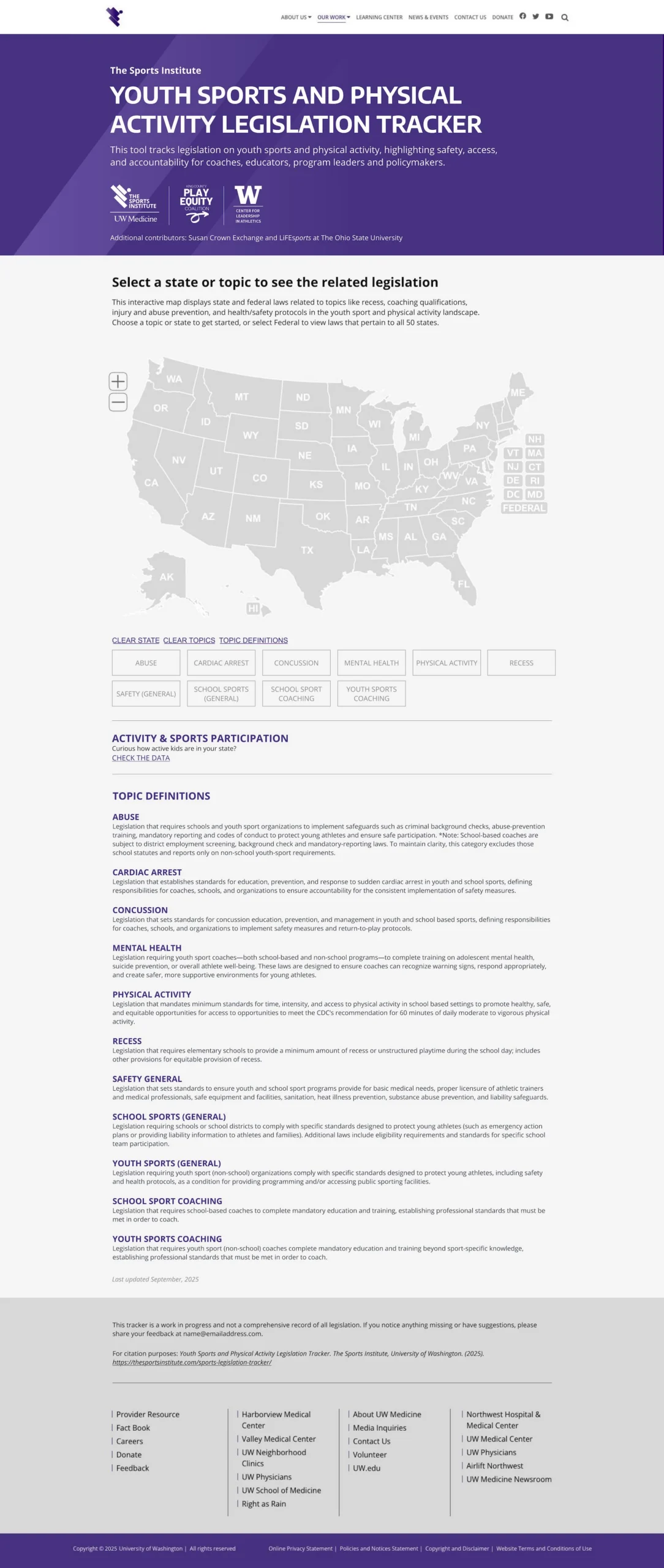 Sports legislation tracker landing page, full-page view