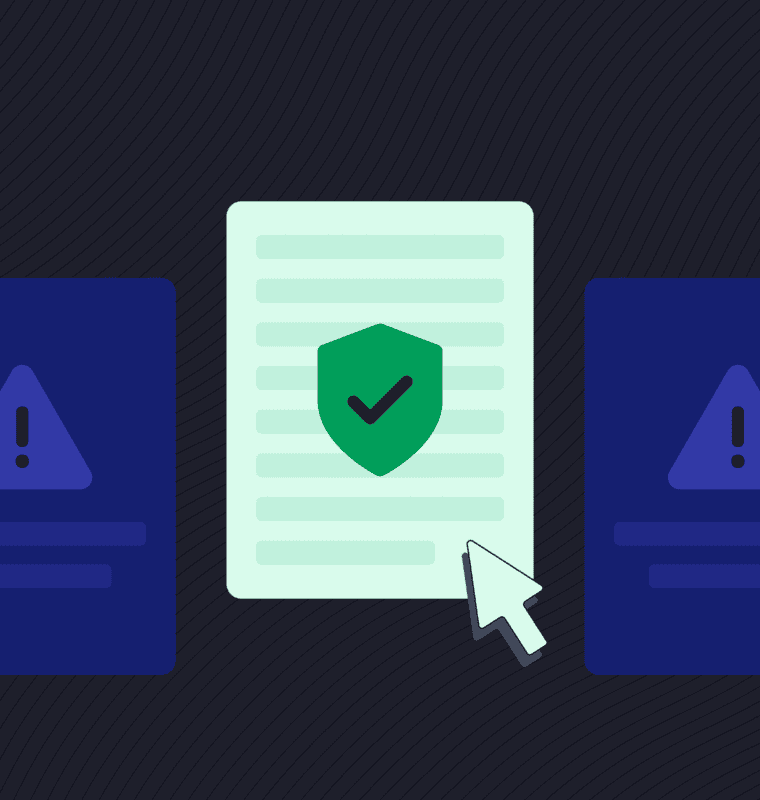 A white document icon with a green checkmark shield being selected by a mouse cursor, standing out in a row of dark blue document icons with exclamation alert signs.