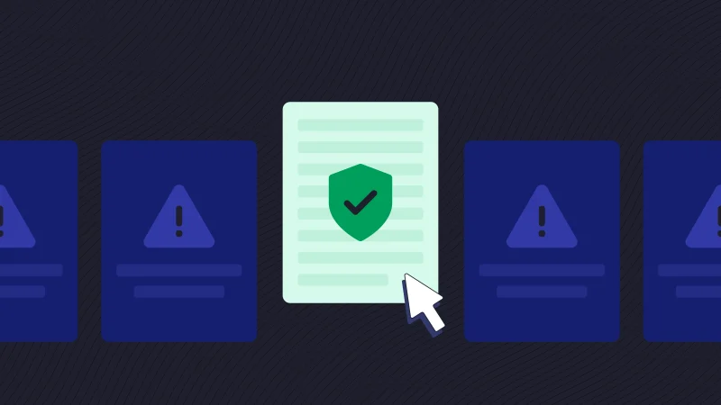 A white document icon with a green checkmark shield being selected by a mouse cursor, standing out in a row of dark blue document icons with exclamation alert signs.