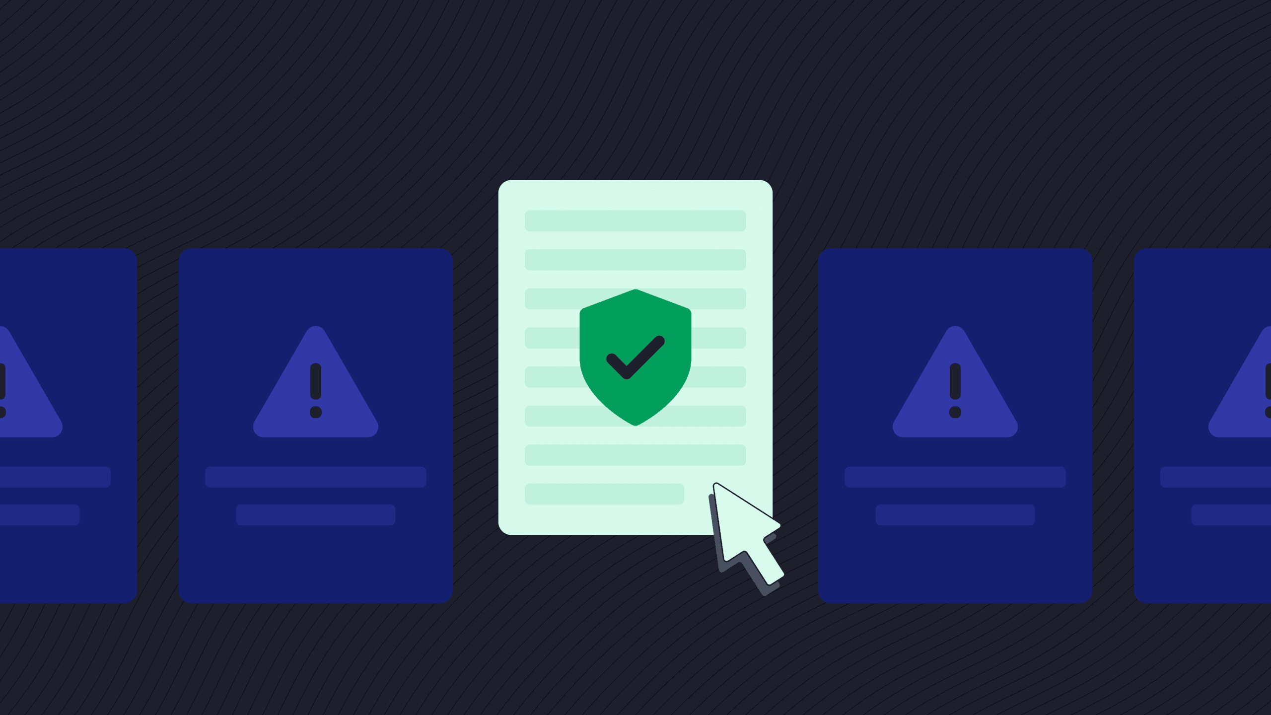 A white document icon with a green checkmark shield being selected by a mouse cursor, standing out in a row of dark blue document icons with exclamation alert signs.