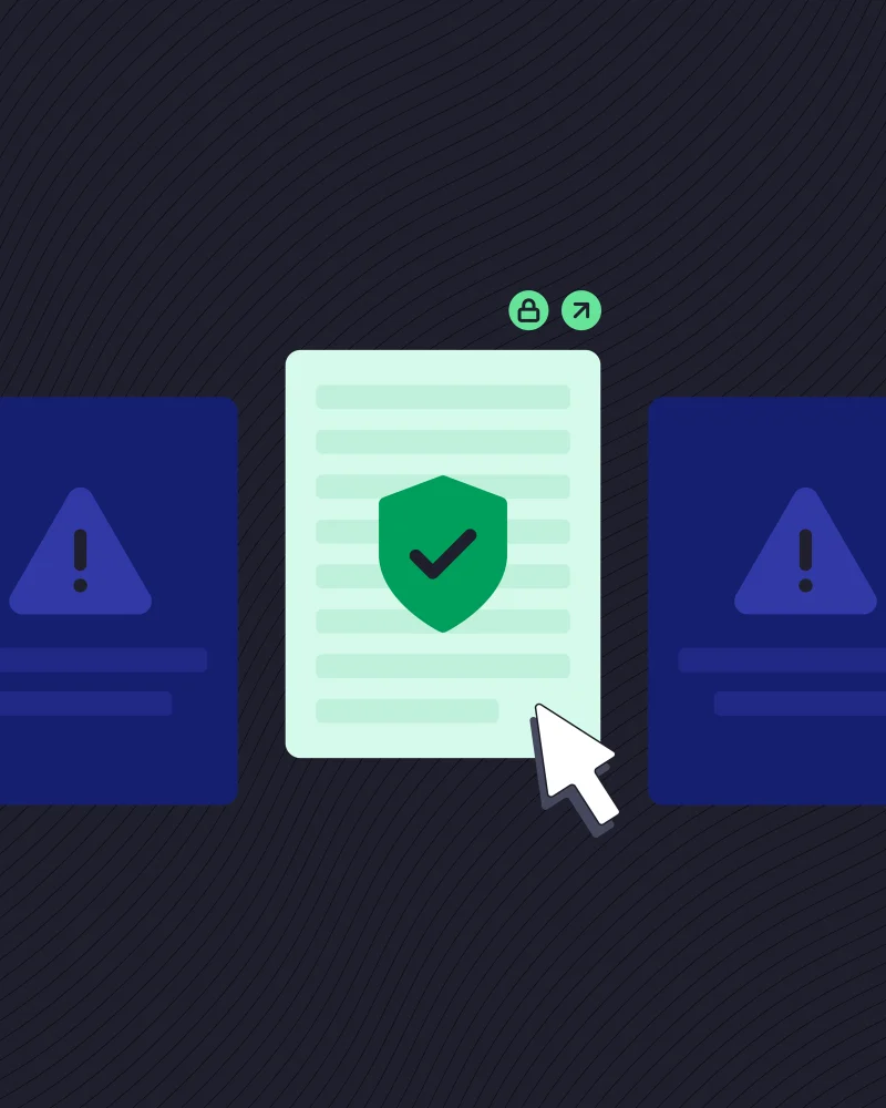 A white document icon with a green checkmark shield being selected by a mouse cursor, standing out in a row of dark blue document icons with exclamation alert signs.