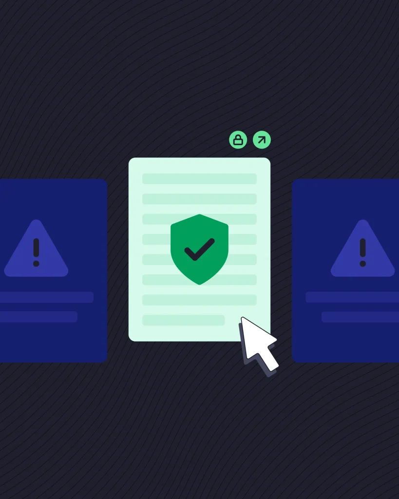 A white document icon with a green checkmark shield being selected by a mouse cursor, standing out in a row of dark blue document icons with exclamation alert signs.