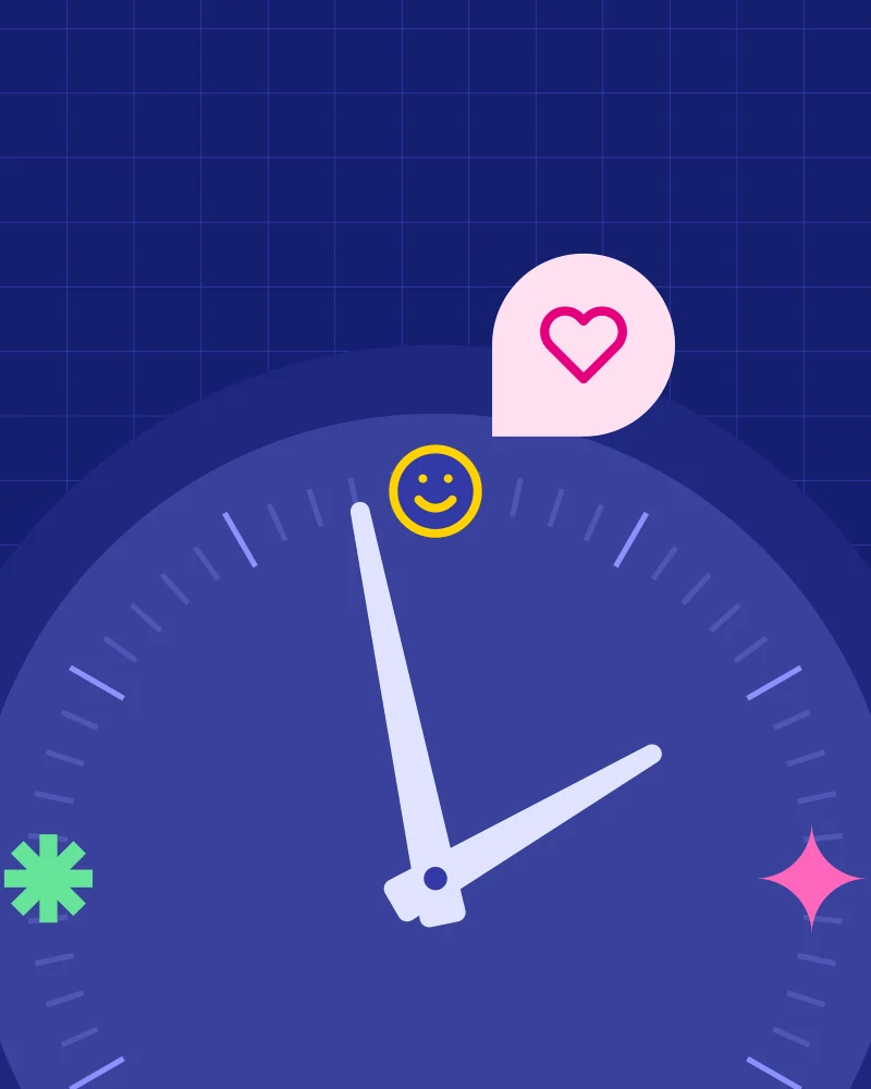Illustrated clock face on a navy grid background, with a smiling face, a heart in a speech bubble, and bright sparkle shapes around the dial.