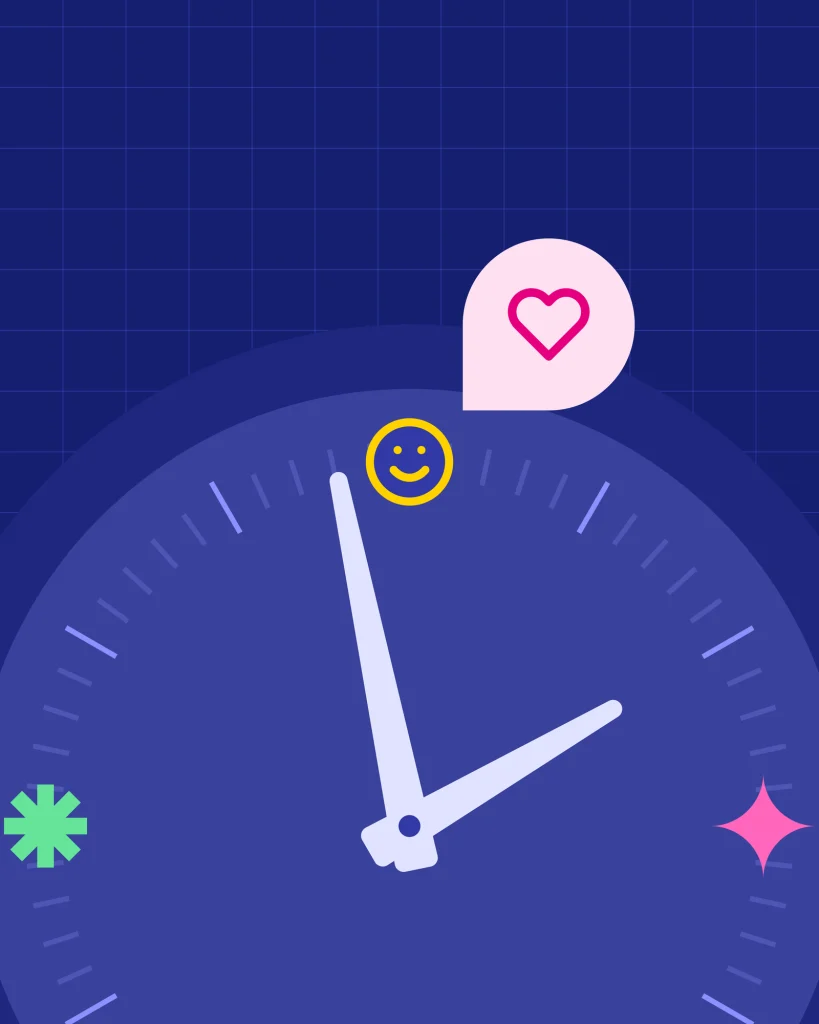 Illustrated clock face on a navy grid background, with a smiling face, a heart in a speech bubble, and bright sparkle shapes around the dial.