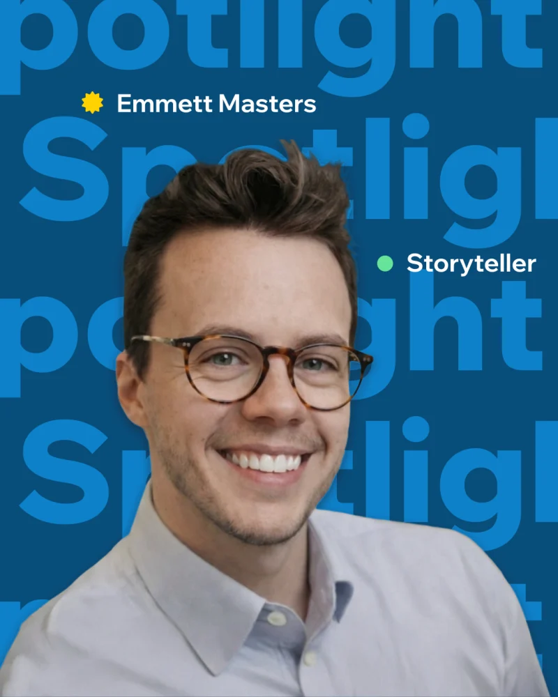 A photo of Emmett Masters smiling in round tortoiseshell glasses and a light blue shirt, over a blue Spotlight pattern labeled Storyteller.