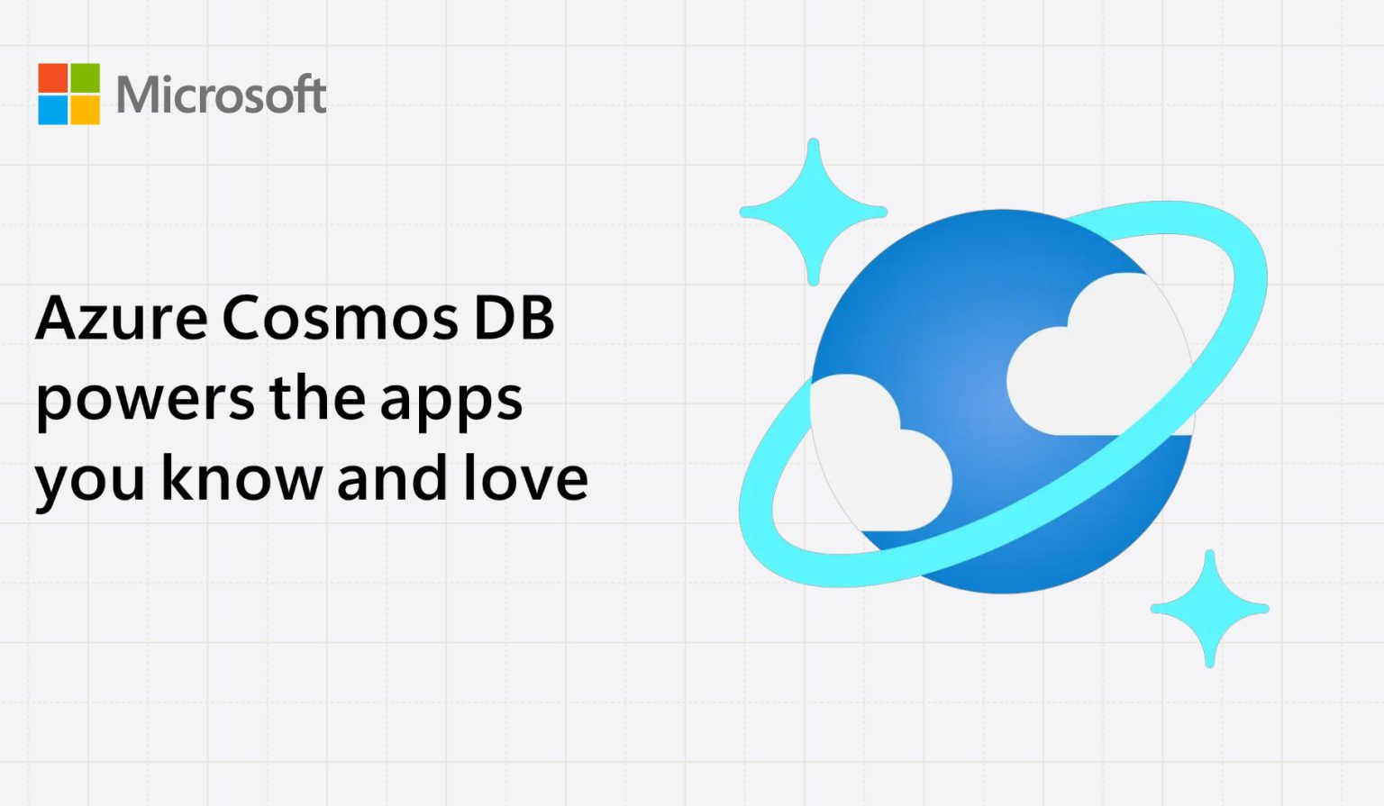 Cover of the interactive ebook A day in the life of Azure Cosmos DB: the headline Azure Cosmos DB powers the apps you know and love beside the blue planet-and-ring Cosmos DB icon on a light grid background.