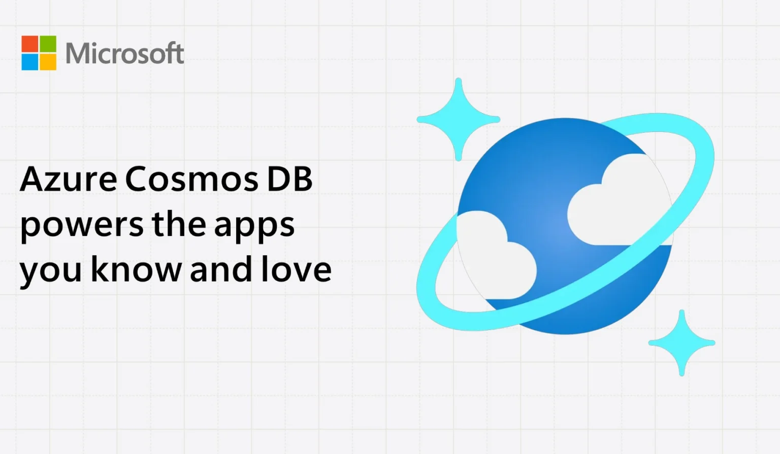 Cover of the interactive ebook A day in the life of Azure Cosmos DB: the headline Azure Cosmos DB powers the apps you know and love beside the blue planet-and-ring Cosmos DB icon on a light grid background.