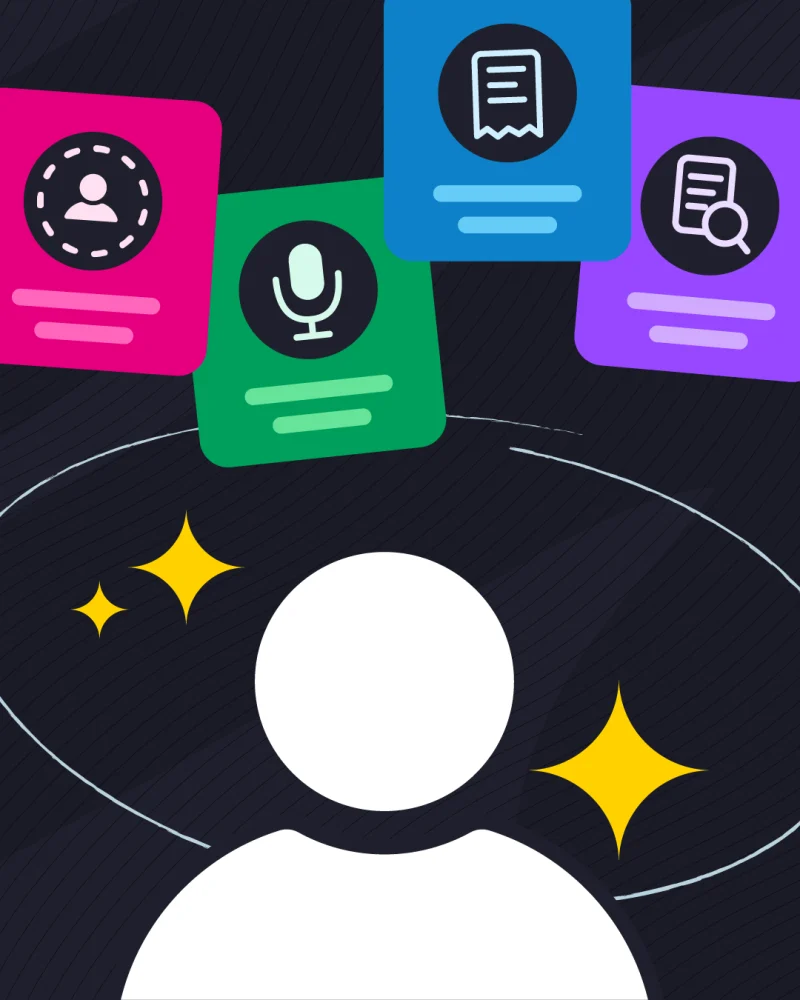 Illustration of a person icon with sparkles beneath four overlapping cards showing a profile, a microphone, a receipt and a document with a magnifying glass.