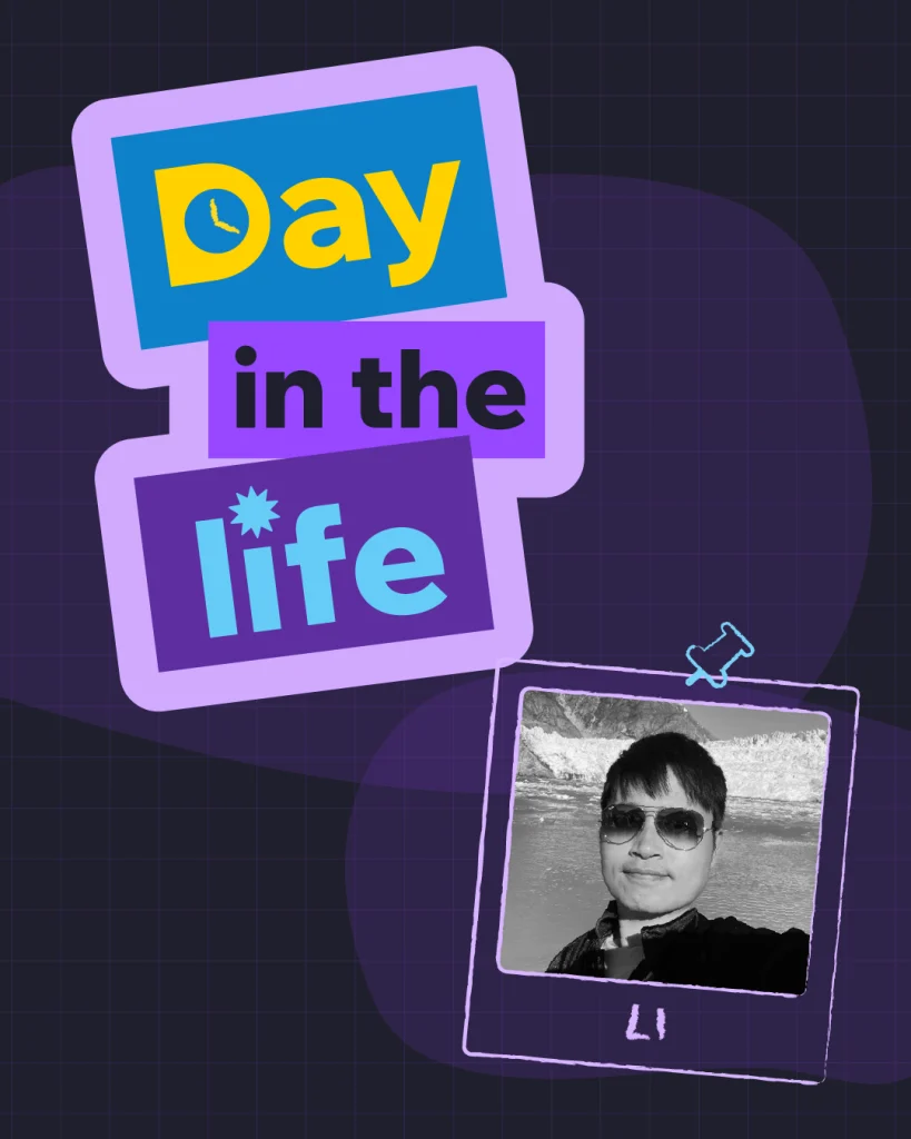 A black-and-white photo of Guangyi Li in aviator sunglasses in front of a glacier, pinned beside a Day in the Life title on a dark purple grid.