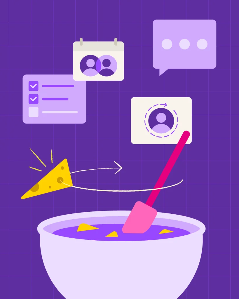 Illustrated mixing bowl on a violet grid background, with a pink spatula folding in a wedge of cheese, below checklist, calendar, profile, and chat icons.